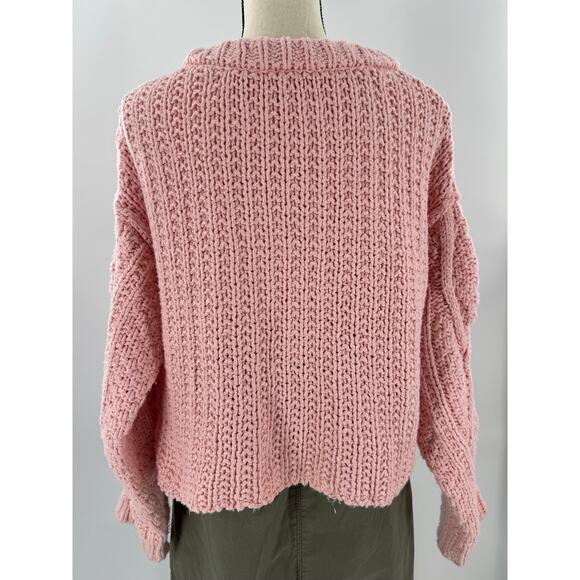 Free People Cutting Edge Pink Chunky Cableknit Crop Sweater Pullover Large - Picture 3 of 9